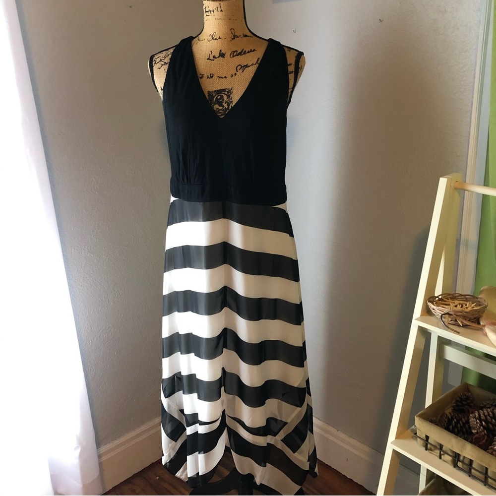 INC Asymmetrical black/white striped midi dress, size large.
